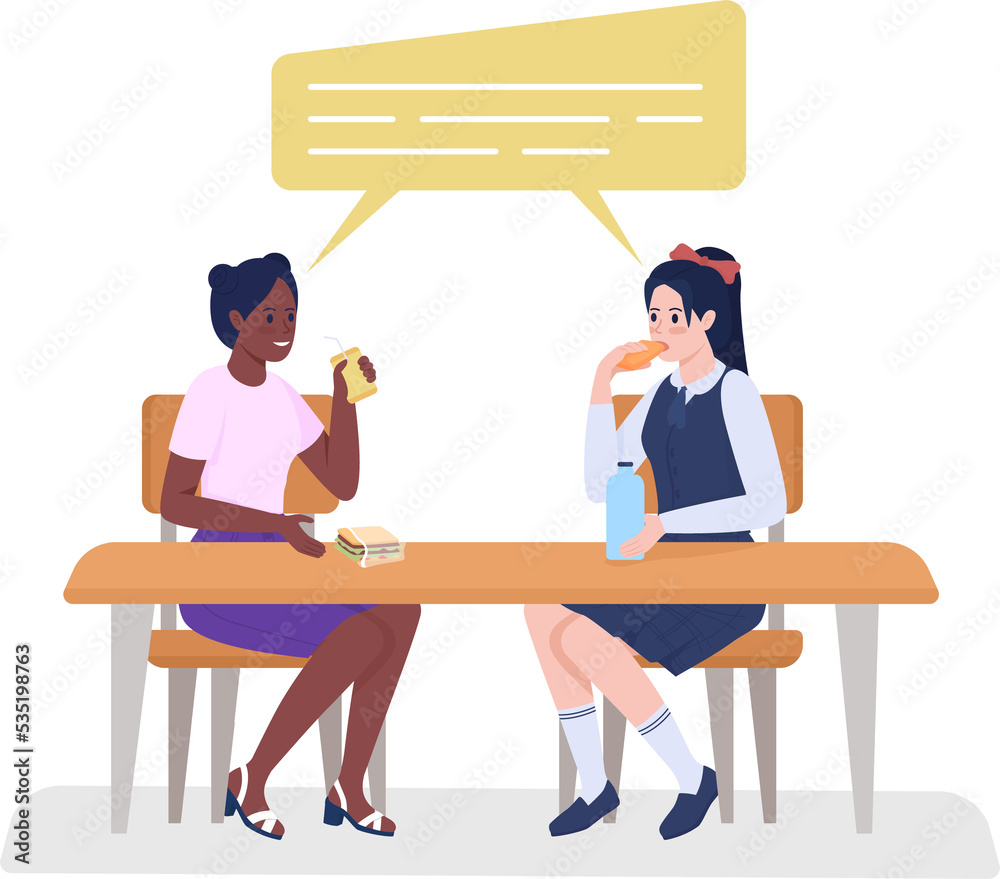 School girls talking on break semi flat color raster characters. Sitting figures. Full body people on white. Lunch isolated modern cartoon style illustration for graphic design and animation School girls talking on break semi flat color raster characters. Sitting figures. Full body people on white. Lunch isolated modern cartoon style illustration for graphic design and animation
