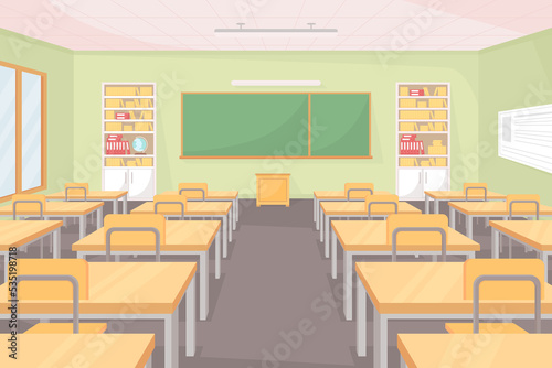 School classroom flat color raster illustration. Empty class with row of desks and chairs. Space for studying and teaching. Middle school room 2D cartoon interior with chalkboard on background