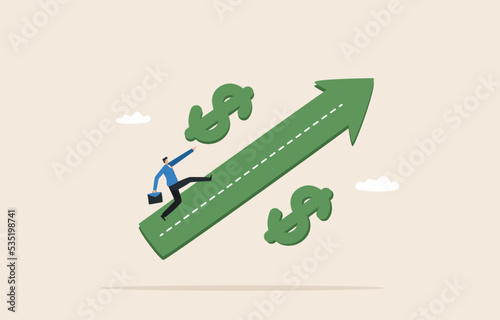 US Federal Reserve interest rate hike. Interest rate rising up. Businessman or banker running on the rising percentage arrow.