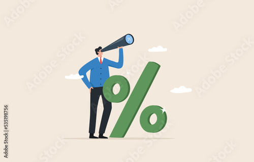 Profit from raising interest rates or investing. Fed interest rate hike policy. A businessman looking through a telescope standing beside a percentage sign.