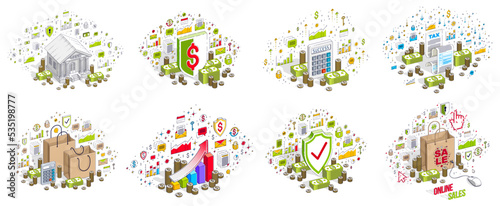 Different finance concepts illustrations 3D vector set isolated on white background, business and money conceptual designs collection, savings, bank, contract, income, safety, online.