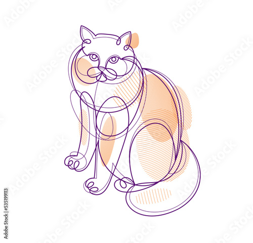 Nice cute cat linear vector illustration, line art drawing of pussycat relaxing, artistic outline minimal sketch of fat and lazy cat.