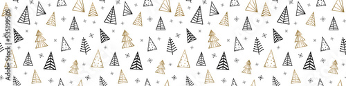 Golden Christmas trees - transparent background. Banner. PNG illustration