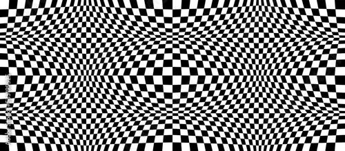 Checkered seamless pattern with optical illusion of spherical volume, black and white geometric abstract background, chess board 3D effect op art.