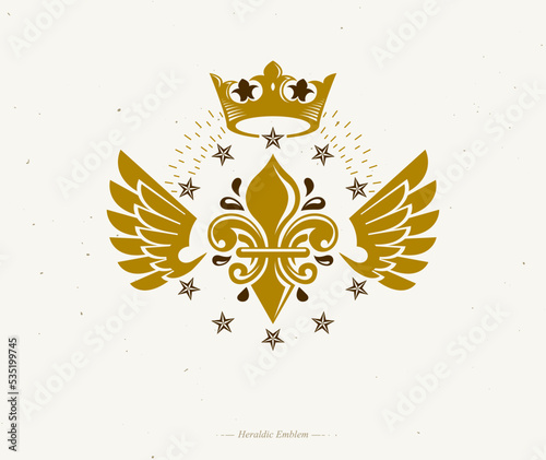 Victorian winged emblem composed using lily flower, monarch crown and pentagonal stars. Royal quality award vector design element, business label.
