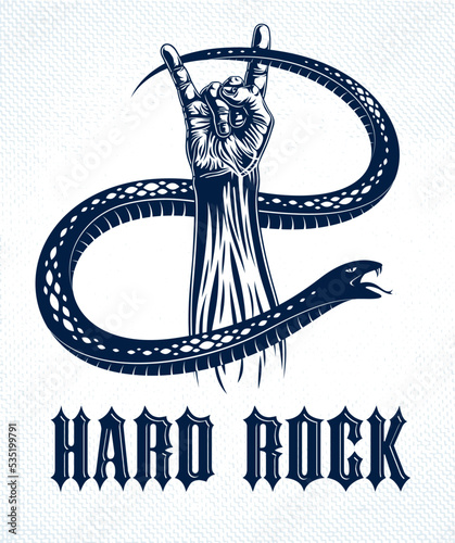 Rock hand sign with aggressive snake, hot music Rock and Roll gesture and serpent, Hard Rock festival concert or club, vector label emblem or logo, musical instruments shop or recording studio.