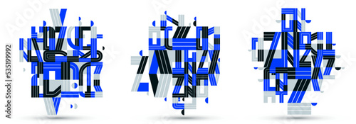 Abstract geometric composition vector designs set, blue abstraction isolated on white, modern style shapes illustration art collection.