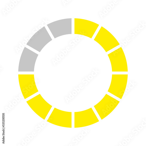 Gray, yellow pie chart, diagram, divided in 12 parts. Minute, second, hour month segments. 45 minutes, 9 hours, 9 months. Isolated png illustration, transparent background. Business concept