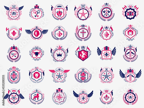 Classic style emblems big set, ancient heraldic symbols awards and labels collection, classical heraldry design elements, family or business emblems.