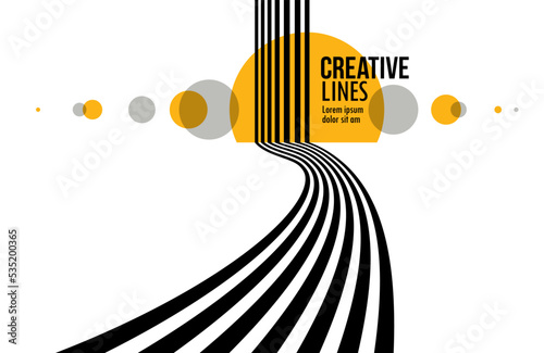 Linear composition vector road to horizon, abstract background with lines in 3D perspective, optical illusion op art, black and yellow colors.