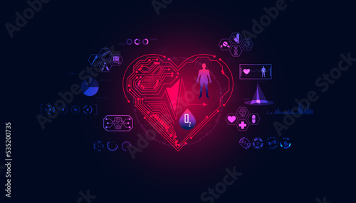 abstract heart digital processing body heart rate blood oxygen interface health on blue modern background