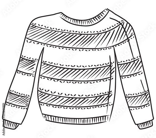 Striped hand knitted winter sweater unisex drawing isolated on white background. Hand drawn vector sketch illustration in simple doodle outline vintage engraved style. Autumn warm clothes