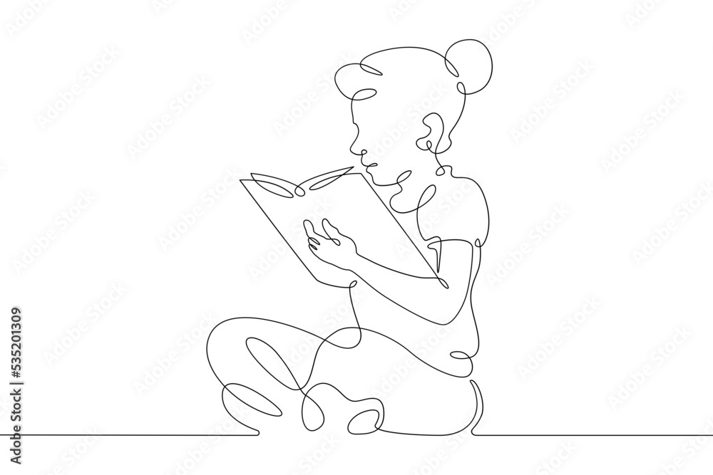 One continuous line.Kid reads a book. Education of children. Book reading. Child with an open book. One continuous line is drawn on a white background.