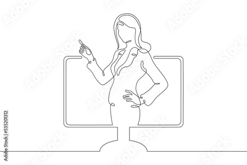 One continuous line.Video conference. Chatting in Internet. Female character on the monitor screen. Network training. One continuous line is drawn on a white background.
