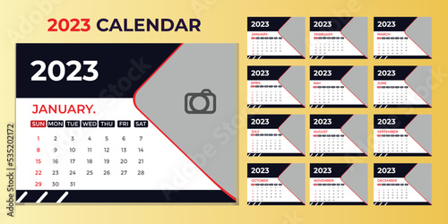 Monthly calendar template for 2023 year. Planner diary in a minimalist style.2023 calendar in minimal table and Black, red color event planner, Corporate and business calendar. Week Starts Sunday