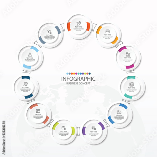 Basic circle infographic with 11 steps, process or options.
