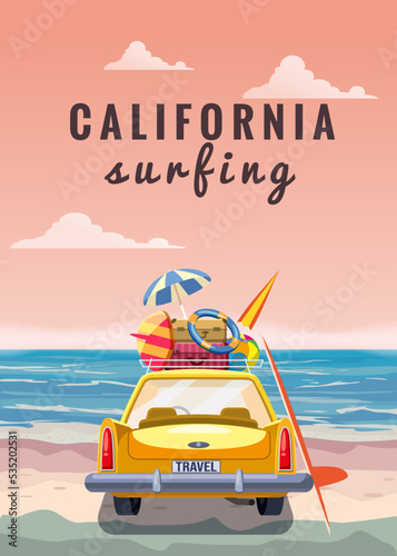 Travel yellow car with luggage bags, surfboard on the beach. Tropical seachore, palms, sea, ocean, back view. Vector illustration retro cartoon