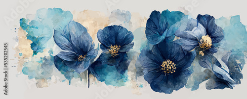 art background with blue flowers on a watercolor, banner photo