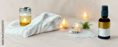 bottle with essential oil towel and candles, product placement, background