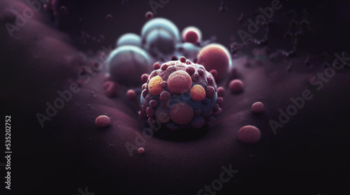 Nanoparticles destroying cancer cells, nanoparticles cancer therapy, cancer cell surrounded by nanoparticles killing the tumor 3d rendering photo