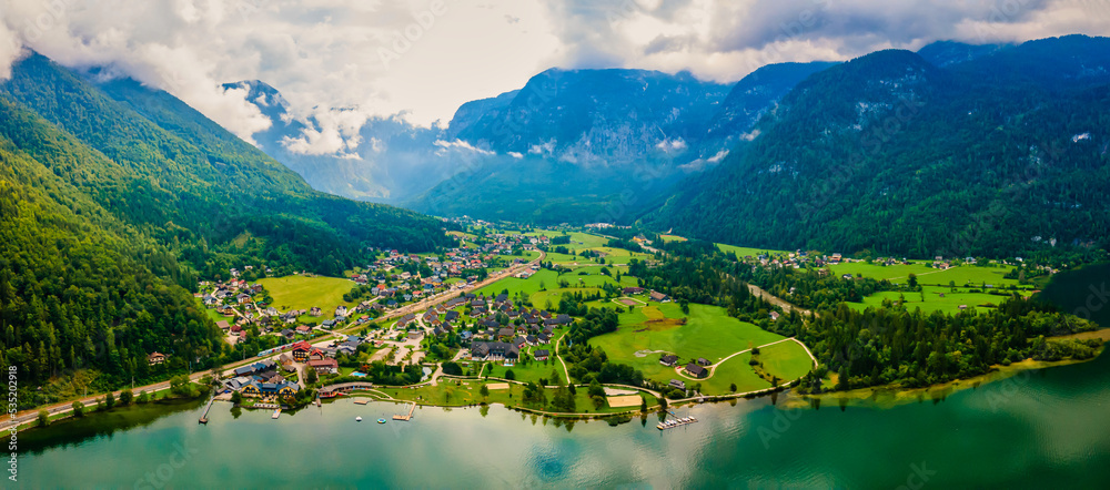 Scenery of beautiful Austria village Obertraun Lake Hallstatt in Salzkammergut. Landscape of Austrian Alps with traditional alpine houses
