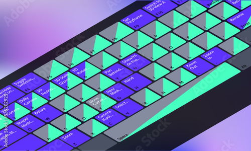Isometric increased Keyboard buttons layout template with letters for motion designer. Hotkey combination, Shortcut key 