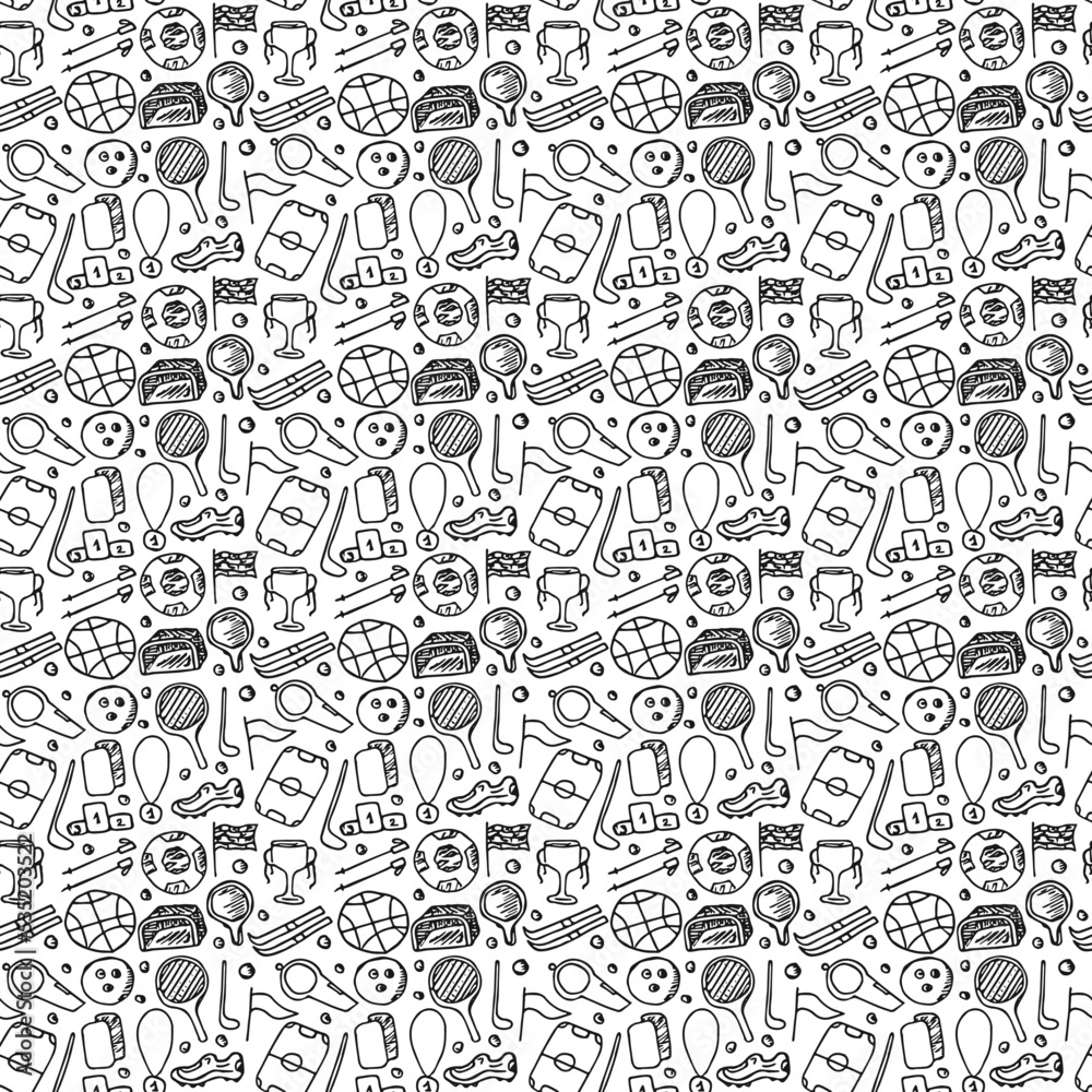 Seamless sport pattern. Doodle vector with sport icons. Vintage sport background