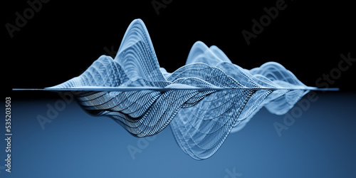 Illustration of blue abstract wireframe sound waves, visualization of frequency signals audio wavelengths, conceptual futuristic technology waveform background with copy space for text