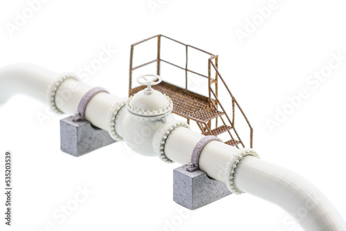 Oil price and world energy crisis, petroleum supply and demand concept : Side view of a faucet or a valve on the main gas or crude oil pipeline, isolated on white background.