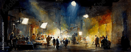 Fotografia Watercolour digital painting featuring a behind the scenes of a movie set