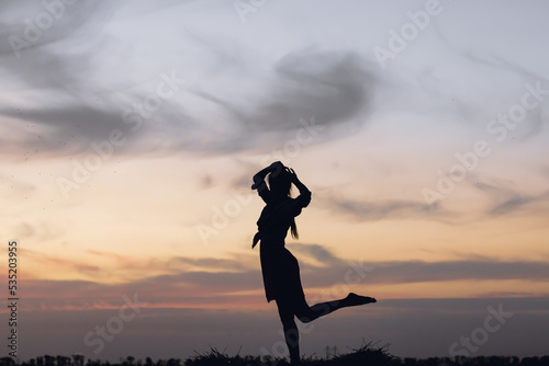 silhouette of a young girl on the background of the sunset sky