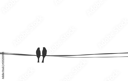 Birds couple sitting on wire. Love and affection silhouette vector illustration, simple stock image. Sparrow family on cable mother father parents 