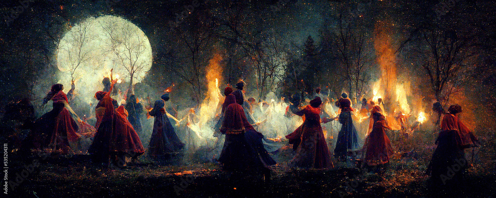 Medieval illustration of pagan celebration in dresses dancing around Medieval illustration of pagan celebration in dresses dancing around