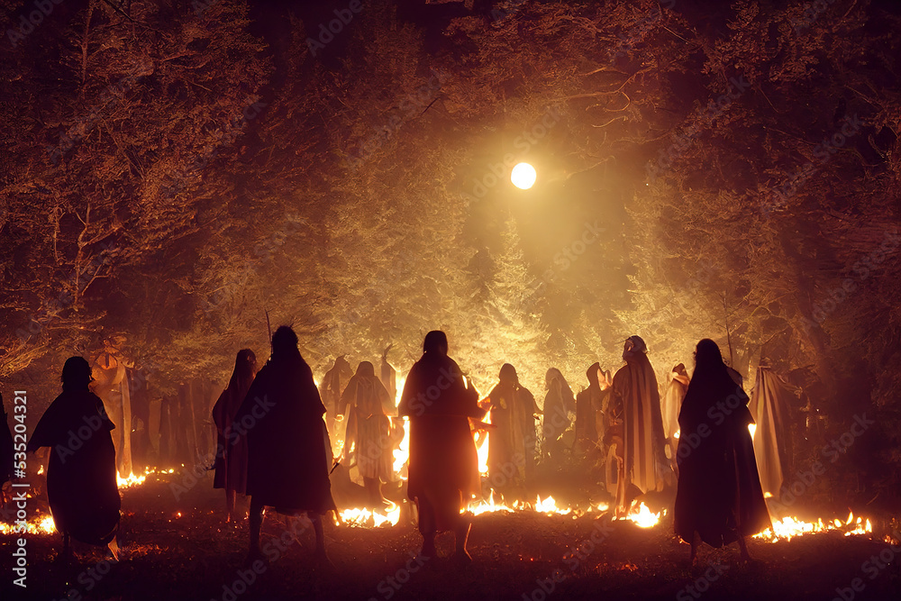 Silhouettes of pagans in robes at night around the fire. Pagan rituals in  the middle ages. Celebrations and dance in the forest during medieval  times. Pagan illustration. generative ai Stock Illustration