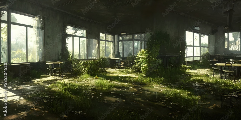 Abandoned cafe overgrown with vegetation. Illustration.
