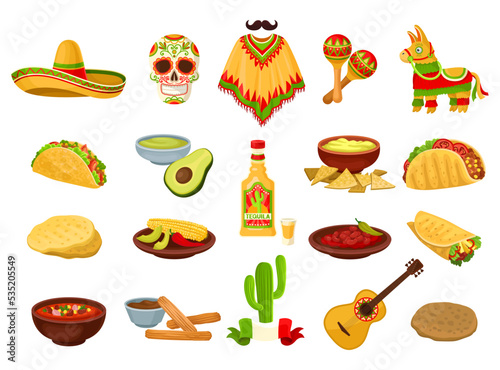 Mexico Symbols with Sombrero Hat, Traditional Food, Tequila, Maraca, Tortilla, Poncho and Pinata Big Vector Set