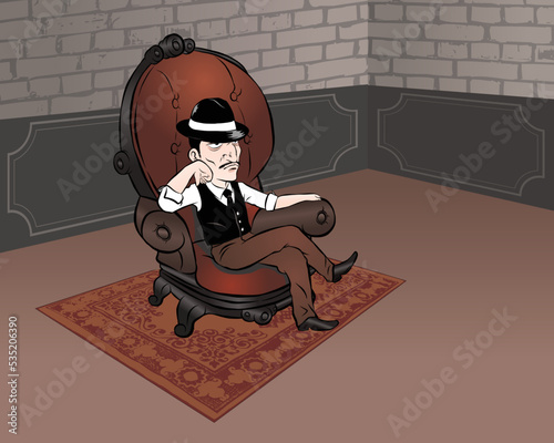 Mafia sitting on brown vintage sofa. wear hat. vector illustration isolated cartoon hand drawn background