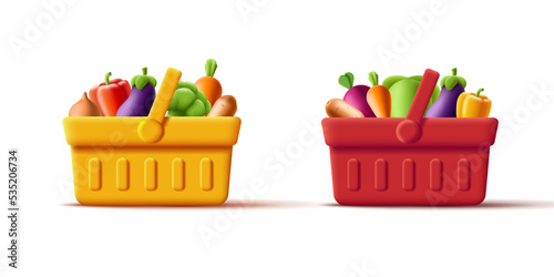 3d red and yellow grocery store basket full of vegetables
