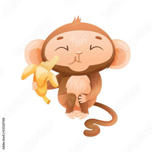 Funny Brown Monkey with Prehensile Tail Sitting and Eating Banana Vector Illustration
