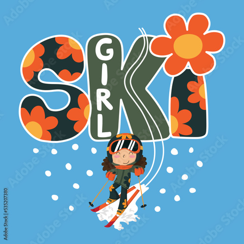 Funny ski girl with a very pop ski suit and a handmade decorated text in the background. illustration