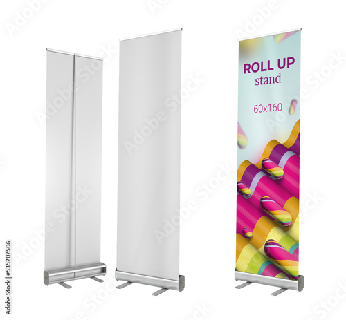 Roll Up banner stand 60х160. Colorful roll up on an isolated background. Mockup. 3D rendering