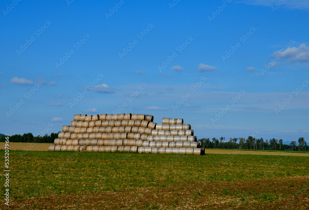 a large roll of baled straw is stacked in a pyramid. warn friends not to climb up. if the stack collapses it can crush you to a pulp. unstable temporary structures a large roll of baled straw is stacked in a pyramid. warn friends not to climb up. if the stack collapses it can crush you to a pulp. unstable temporary structures