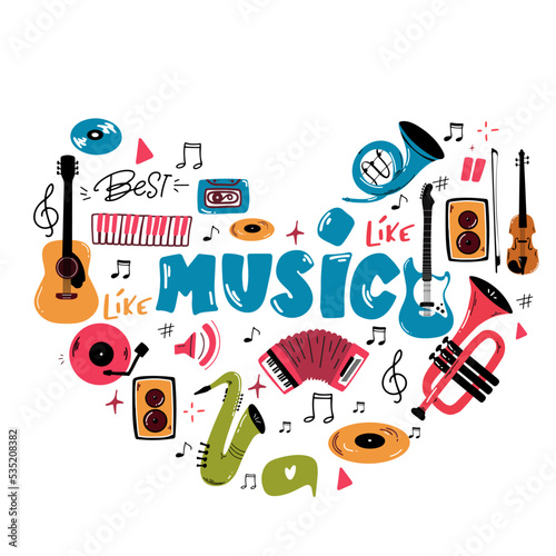Love Music Heart. Musical instruments on heart shape.