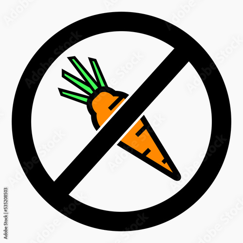 No carrot. Green ban. Not vegan. Ban on vegan food. Vector icon.