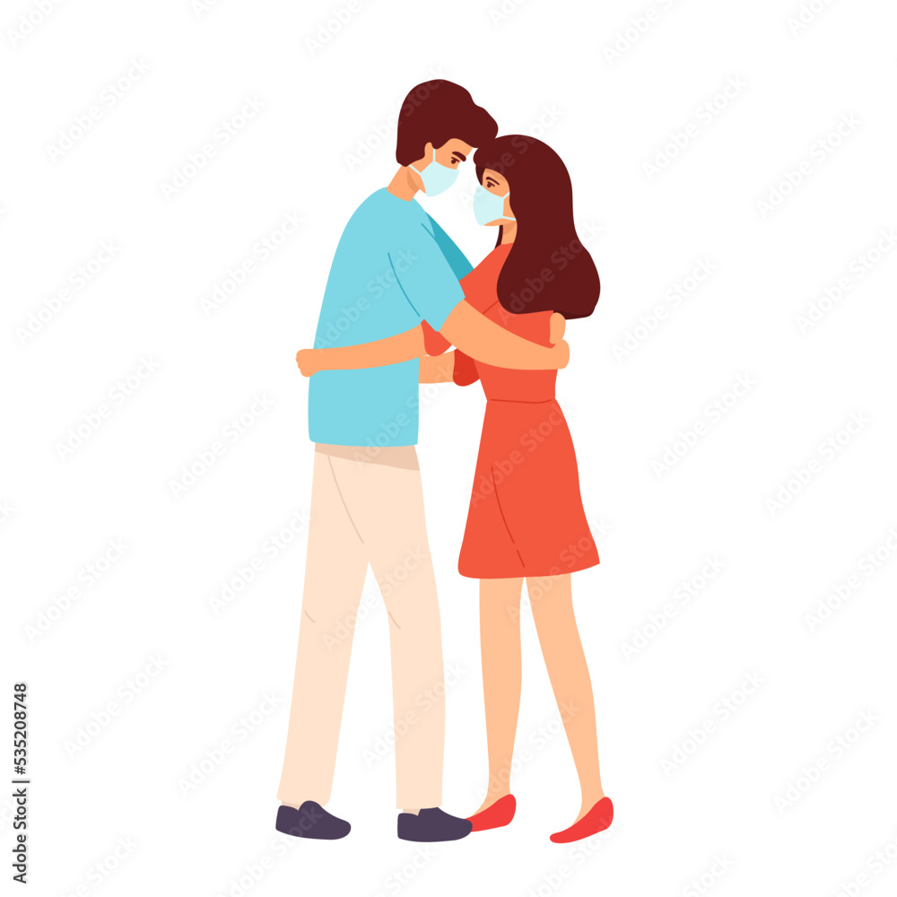 Love tenderness and romantic feelings concept. Young loving smiling couple boy and girl standing hugging embracing each other feeling in medical mask love vector illustration.