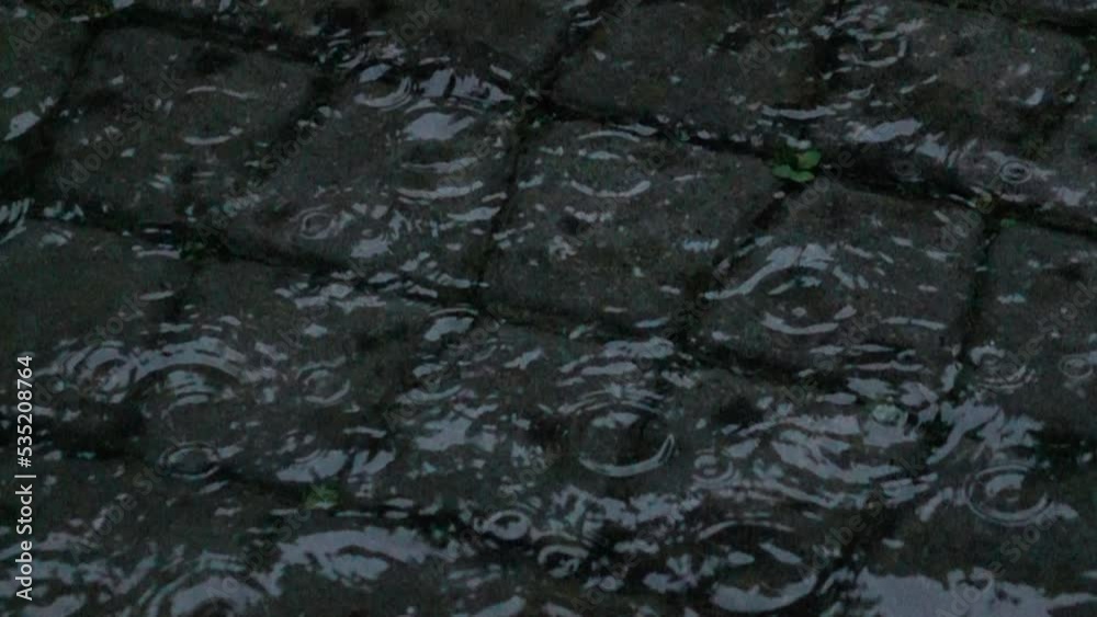 The raindrops falling into a large puddle, forming concentric circles on the surface of the water, slow motion The raindrops falling into a large puddle, forming concentric circles on the surface of the water, slow motion