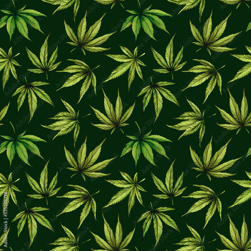 Pattern of green cannabis leaves on a green background