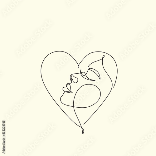 One line drawing abstract heart face of woman. Minimalist romantic logo