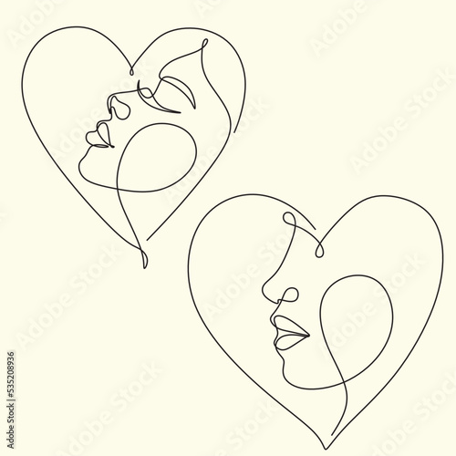 One line drawing abstract heart face of woman. Minimalist romantic logo