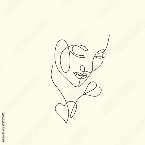 One line drawing abstract heart face of woman. Minimalist romantic logo